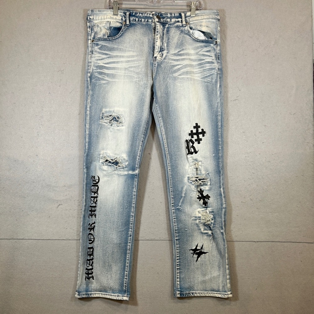 Y2K GSTR Jeans Mens 38 Light Wash Distressed Ripped Streetwear Denim